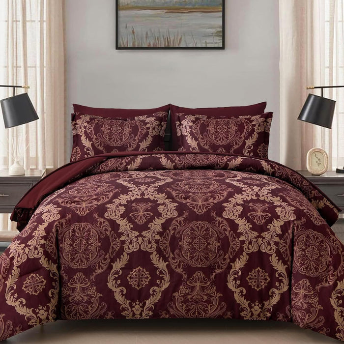 WONGS BEDDING Black Comforter Set Queen Size, Gold Damask Texture 7 Pieces Bed in a Bag Microfiber Comforter Bedding Sets -1 Comforter, 1 Flat Sheet, 1 Fitted Sheet, 2 Pillow Shams, 2 Pillowcases