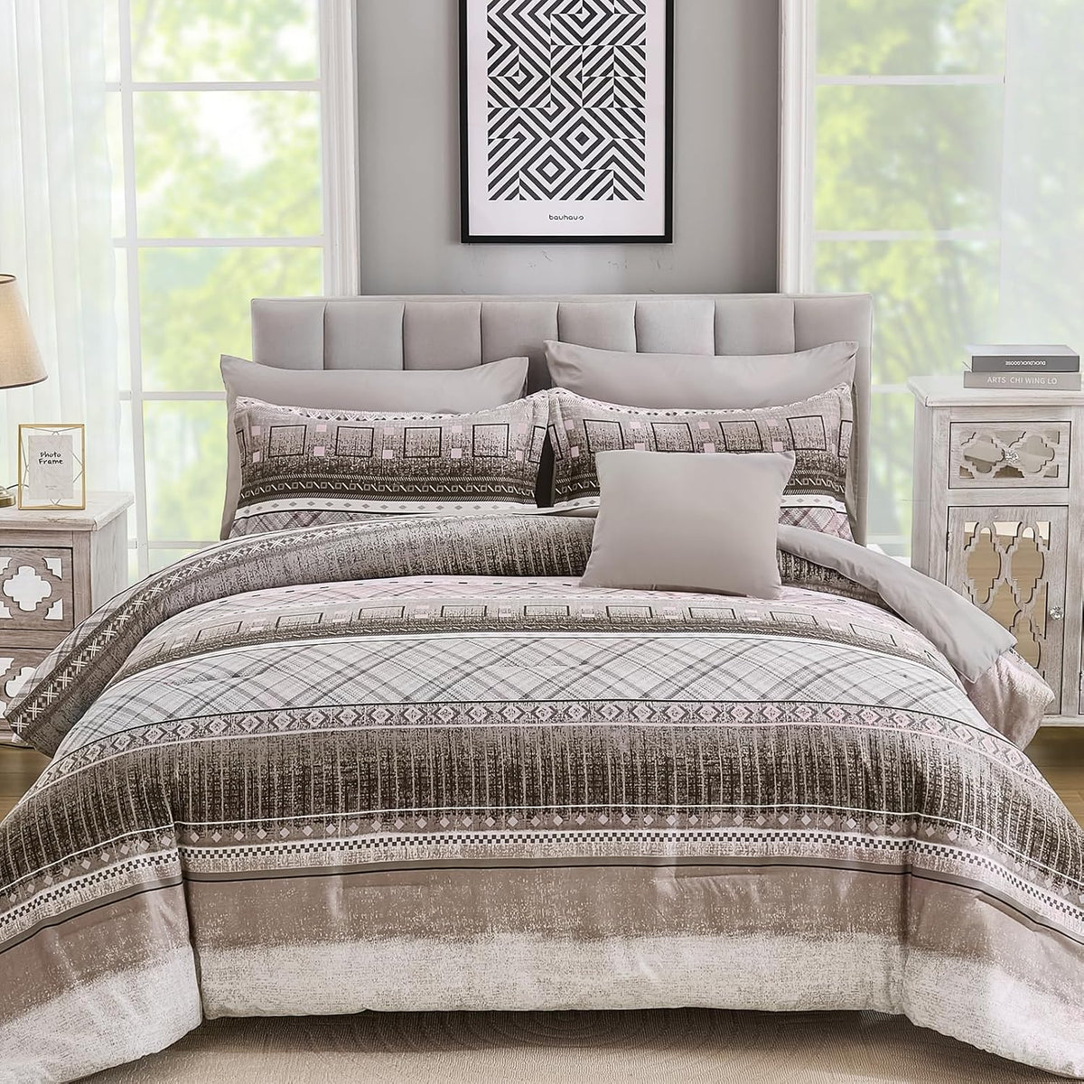 WONGS BEDDING 8 Piece Queen Size Comforter Set, Texture Striped Bed in a Bag Grey Comforter and Sheet Set, Boho Lightweight Microfiber Bedding Set for All Season (90"×90")
