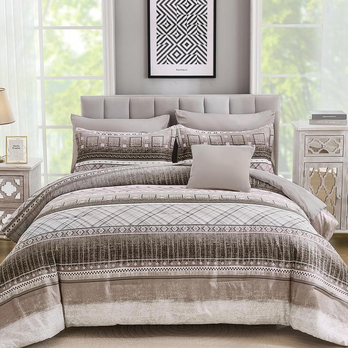 WONGS BEDDING 8 Piece Queen Size Comforter Set, Texture Striped Bed in a Bag Grey Comforter and Sheet Set, Boho Lightweight Microfiber Bedding Set for All Season (90"×90")