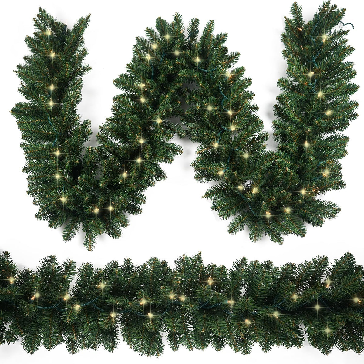 Christmas Garland 9ft with 50 Led, 320 Tips Prelit Fraser Fir Xmas Garland with 50 LED Lights, Lush and Classics Green Style for Indoor Outdoor Home Decoration