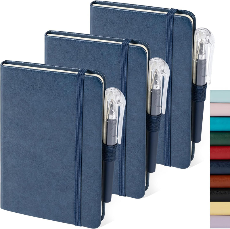 (3 Pack) Pocket Notebook Journal, Hardcover Small Mini Notebooks with Pens for Work, 3.7" x 5.7" A6 Notebook College Ruled with 100Gsm Premium Thick Lined Paper, Black Leather