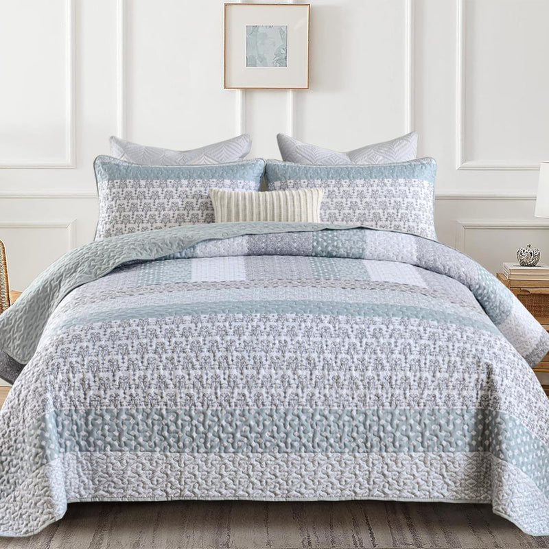 WONGS BEDDING Grey Quilt Queen Size, Bohemian Stripe Quilt Sets 3 Pieces Gray Boho Quilted Bedspread Set Lightweight Microfiber Coverlet Bedding Set All Season (96"x90")