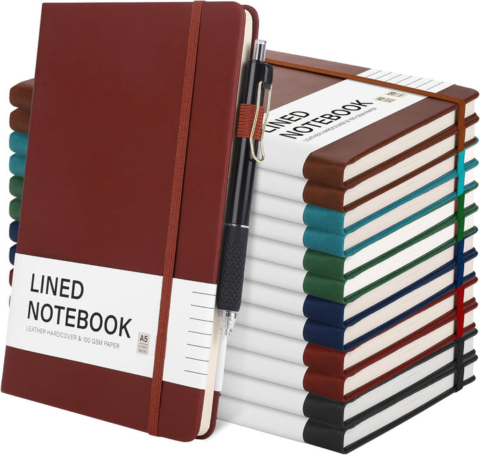 Aodaer 30 Set Lined Notebook Journals with Pens A5 Notebooks 100 GSM College Ruled Hardcover Notebook PU Leather Notepad with Pen Holder for Office School, 5.7 x 8.3 Inches, Deep Multicolor