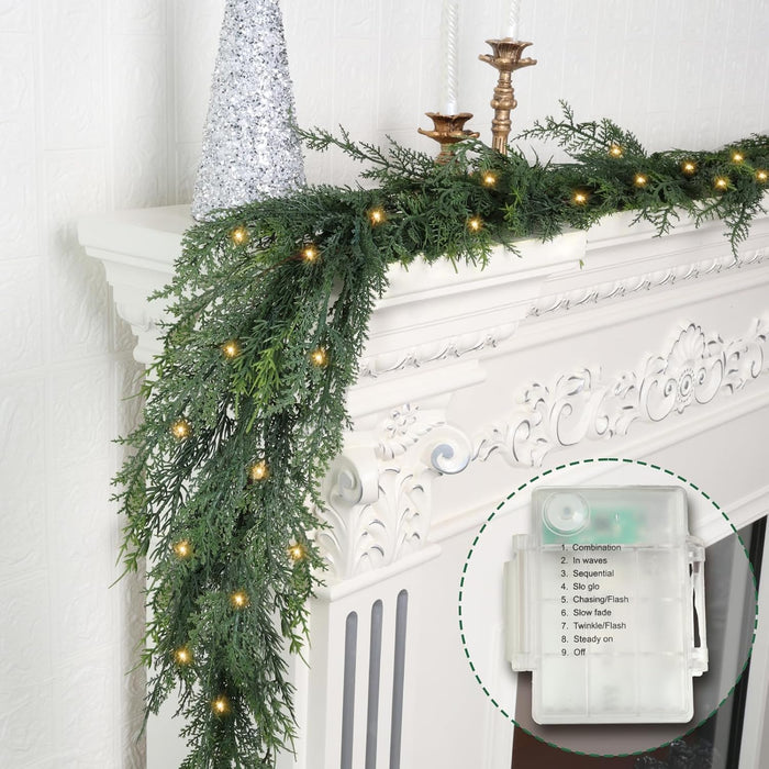6 FT Christmas Garland Pre Lit Cedar Garlands Artificial Pine Cypress Garlands for Dining Tables Mantle Porches Outdoor Christmas Decorations