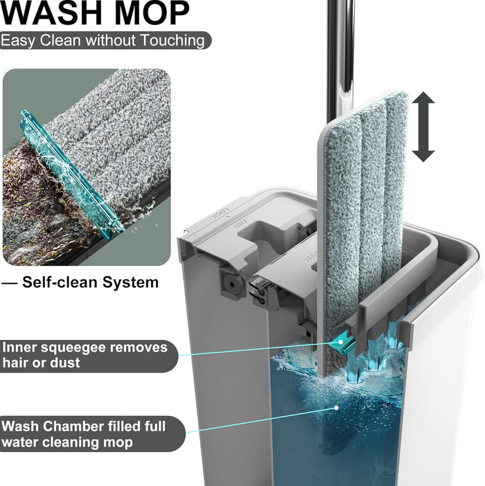 Mop and Bucket with Wringer Set, Flat Floor Mop and Bucket, with 3 Microfiber Mops for Floor Cleaning, Wet and Dry Use for Household Cleaning - White