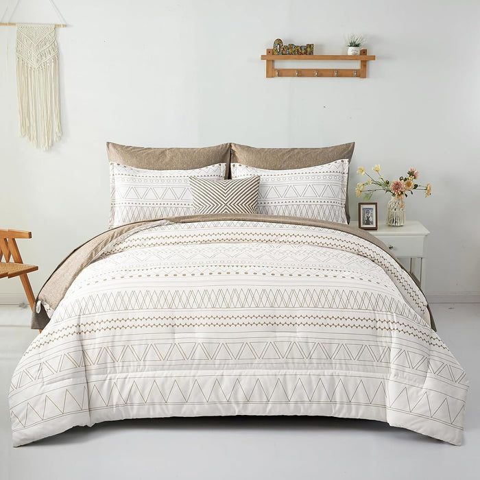 WONGS BEDDING Boho Comforter Set King Size,7 Pieces Grey White Geometric Bohemian Bed in a Bag Comforter Complete Striped Bedding Set for All Season with Sheets,Pillowcases & Shams Soft Microfiber