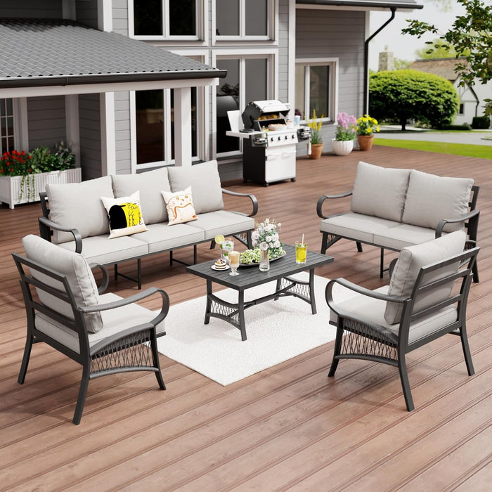 5 Piece Patio Furniture Set, Outdoor All Weather Conversation Sofa Set with 2 Swivel Chairs, Rope Braided Design and Thick Cushions for Garden, Porch, Lawn, Beige