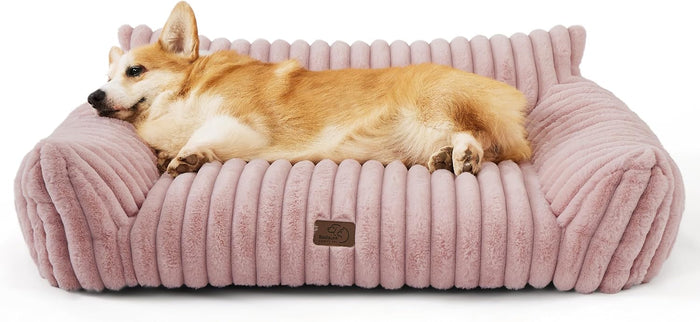 Bedsure Cute Cat Couch for Pets - Fluffy Cat beds with Premium Soft Corduroy Fleece, Fuzzy Cats beds for Indoor Cats with Removable Washable Cover, Supportive Pet Sofa, 24inch, Cream