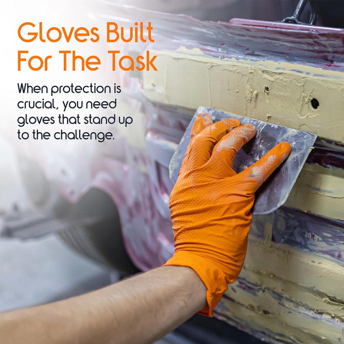 Inspire Heavy Duty Orange Nitrile Disposable Gloves | ULTRA 8 Mil Diamond Textured Grip | Industrial Mechanic Food
