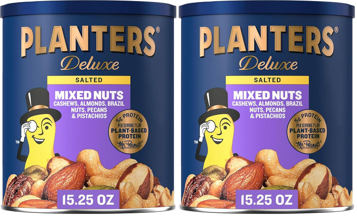 PLANTERS Deluxe Mixed Nuts, Cashews, Almonds, Brazil Nuts Mix, Pistachios, Pecans, Lightly Salted, Snacks for Adults and Kids, Party Snack, 15.25oz