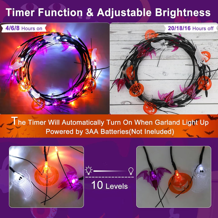[Timer] 6 FT Willow Vine Twig Halloween Decorations Garland with Pumpkin Bat Ghost Lights, 8 Modes Waterproof Battery Operated Halloween Lights Indoor Home Wall Window Mantle Party Decor