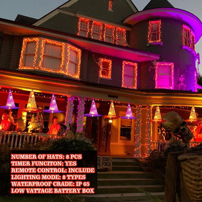 Dazzle Bright 8 Pcs Hanging Witch Hat String Lights, Light Up Waterproof Halloween Decorations with Remote Control for Outdoor Garden Party Carnival Supplies Decor