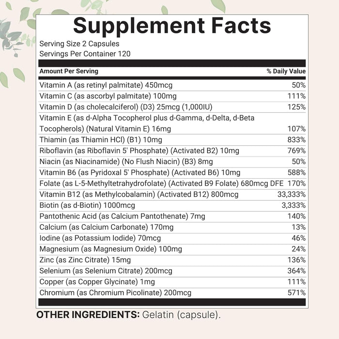 Micro Ingredients Pure Methylated Multivitamin, 240 Capsules | 19-in-1 Formula with Vitamins C, D, B12, Folate, Magnesium, Zinc & More | Supports Daily Wellness & Immune Health | Filler Free, Non-GMO