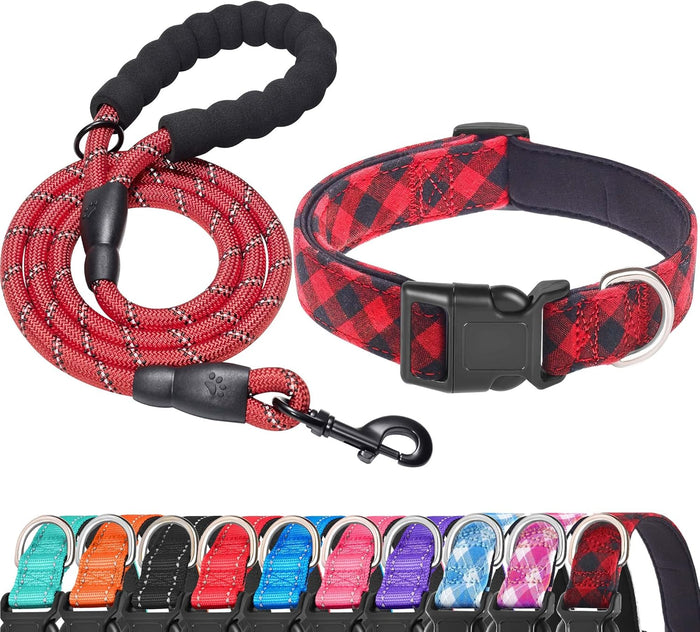 Reflective Dog Collar Padded with Soft Neoprene Breathable Adjustable Nylon Dog Collars for Small Medium Large Dogs (Medium (Pack of 1), Blue Collar+Leash)