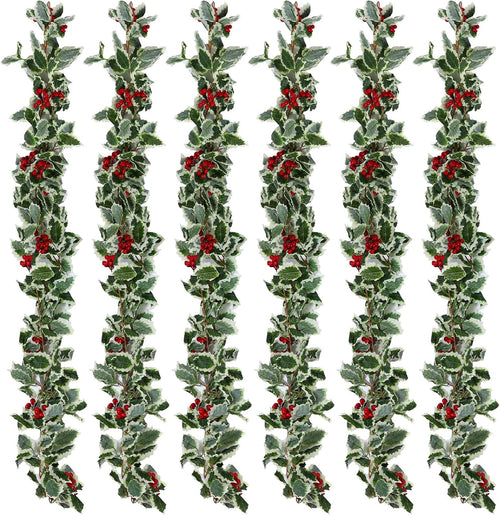 9 Pcs Holly Garland with Berries Set Includes 5.7 ft Christmas Red Berry Garland Decoration with Hooks Green Leaves Winter Outdoor Vines for Stairs Mantel Table Fireplace Home Decor