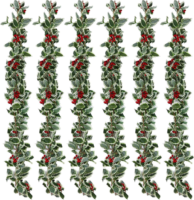 9 Pcs Holly Garland with Berries Set Includes 5.7 ft Christmas Red Berry Garland Decoration with Hooks Green Leaves Winter Outdoor Vines for Stairs Mantel Table Fireplace Home Decor