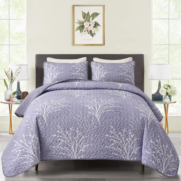 DJY Sage Green Quilt Set Full Size, Branch Botanical Pattern Bedspread Coverlet Set, 3 Piece Microfiber Green Floral Quilt Bedding Set Lightweight Summer Bedspread for All Season, 80''x90''