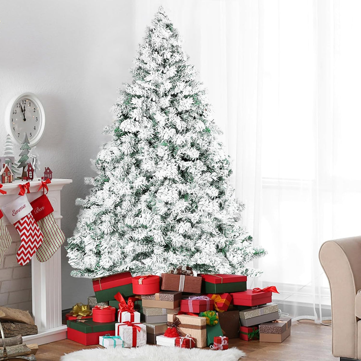 6 FT Snow Flocked Artificial Christmas Tree, Full Xmas Tree with 1000 Automatically Expanding Branch Tips, Foldable Metal Stand and Hinged Branches, Holiday Decoration for Home, Party, White
