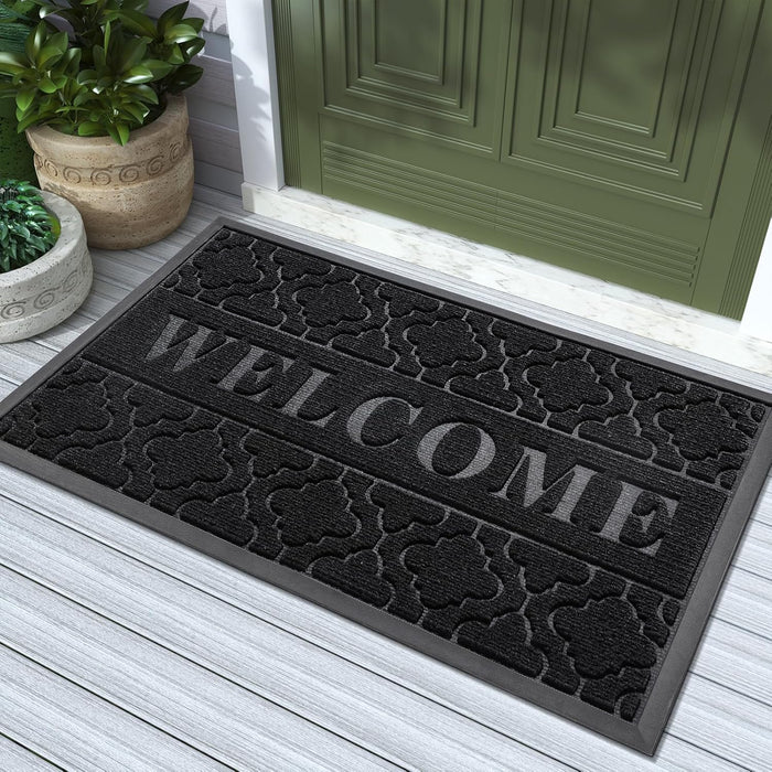Yimobra Welcome Mat Outdoor Indoor 29.5x17, All-Weather Waterproof Front Door Mat Outside Entrance, Non-Slip Low Profile Porch Patio Doormat, Black