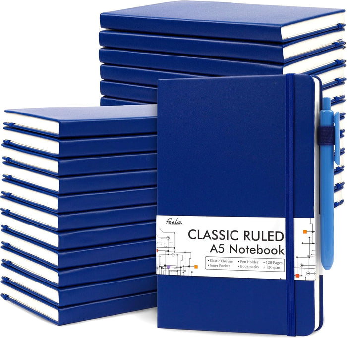 24 Pack Journal Notebook for Work, Feela Business Notebook Bulk Hardcover Lined Writing Journal with Pen Holder for Men Women Note Taking, with 24 Black Pens, 120 GSM, 5.1”x8.3”, A5, Emerald