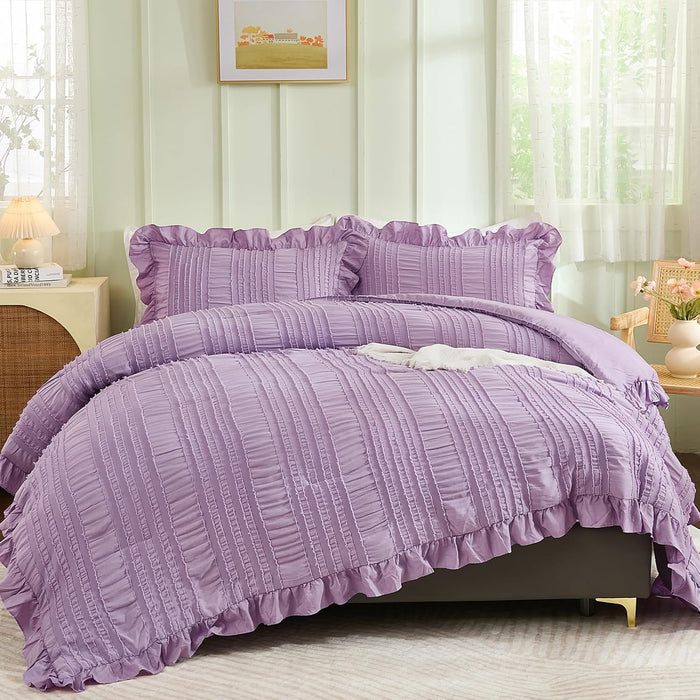 WONGS BEDDING White Queen Comforter Set,Boho Ruffle Comforter for Queen Bed,Soft Seersucker Shabby Chic Bedding Set with 1 Comforter,2 Tufted Pillowcases 90"×90"
