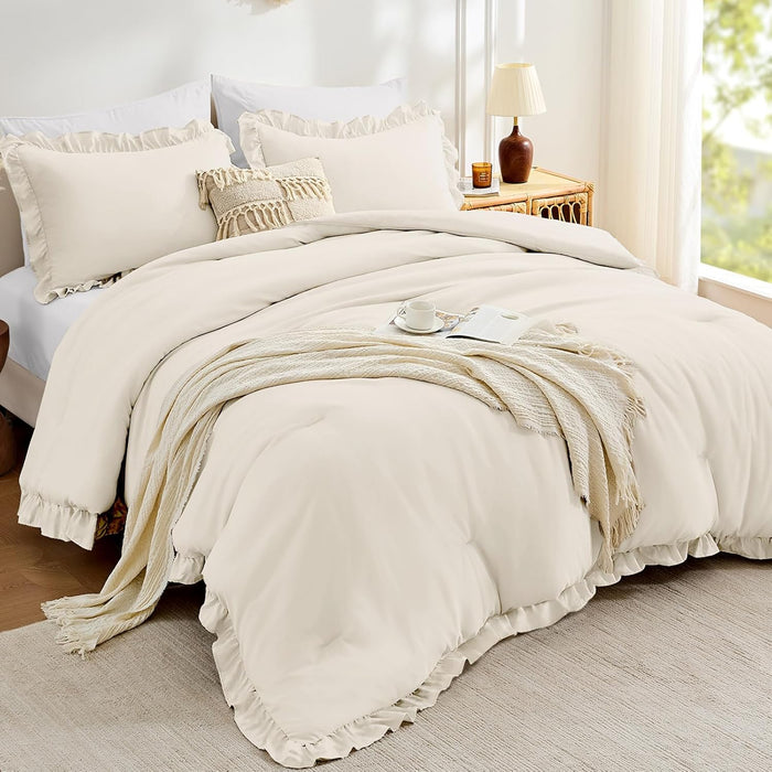 FUANNA Queen Comforter Set Beige 3 Pieces, Ruffle Shabby Chic Queen Bed Set, Fluffy Lightweight Soft Bed in a Bag Queen for All Seasons, Farmhouse Bedding Comforter Sets(1 Comforter & 2 Pillowshams)