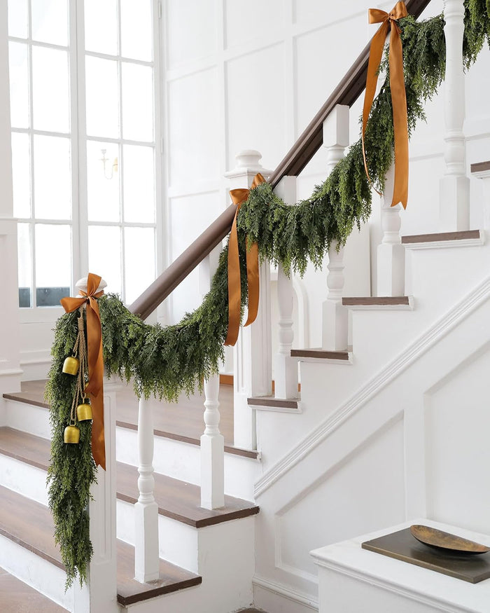 6ft Christmas Garland with Lights, Cedar Garland, Thick Realistic Green Cedar Pine Garland for Mantle, Stairs Railing, Indoor Outdoor New Year Decoration with Smart Timer