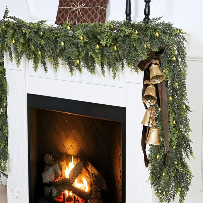 Waipfaru 1 Pcs 9FT Christmas Garland with Lights, Cedar Garland Artificial Realistic, Thick & Lush Faux Pine Garland for Mantle Fireplace Wall Party Outdoor Indoor Christmas Decorations