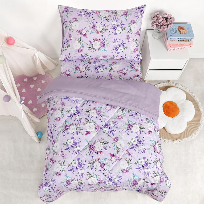 Toddler Bedding Set for Girls, 4 Piece Rainbow Toddler Girl Bedding Set, Super Soft & Lightweight Toddler Comforter Set Includes Comforter, Flat Sheet, Fitted Sheet, Pillowcase (Pink)