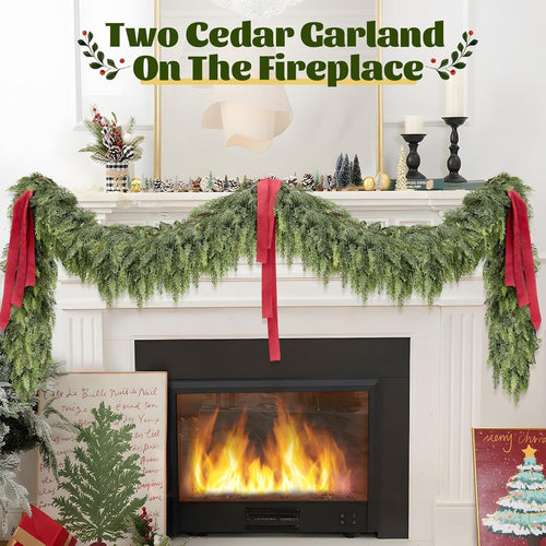 9FT Christmas Cedar Garland for Mantle,Realistic Faux Greenery Garland,Soft and Thickness Artificial Pine Garlands for Christmas Mantel Table Outdoor Indoor Xmas Holiday Seasonal Decor