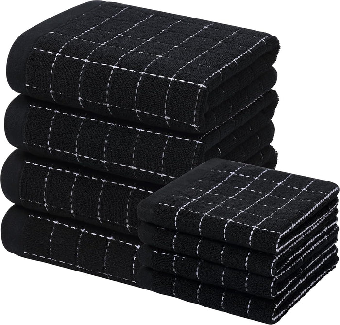 Homaxy Kitchen Towels and Dishcloths Set, 12 x 12 and 13 x 28 Inches, Set of 8 Bulk Cotton Terry Kitchen Towels Set, Checkered Designed, Soft and Super Absorbent Dish Cloths, Black