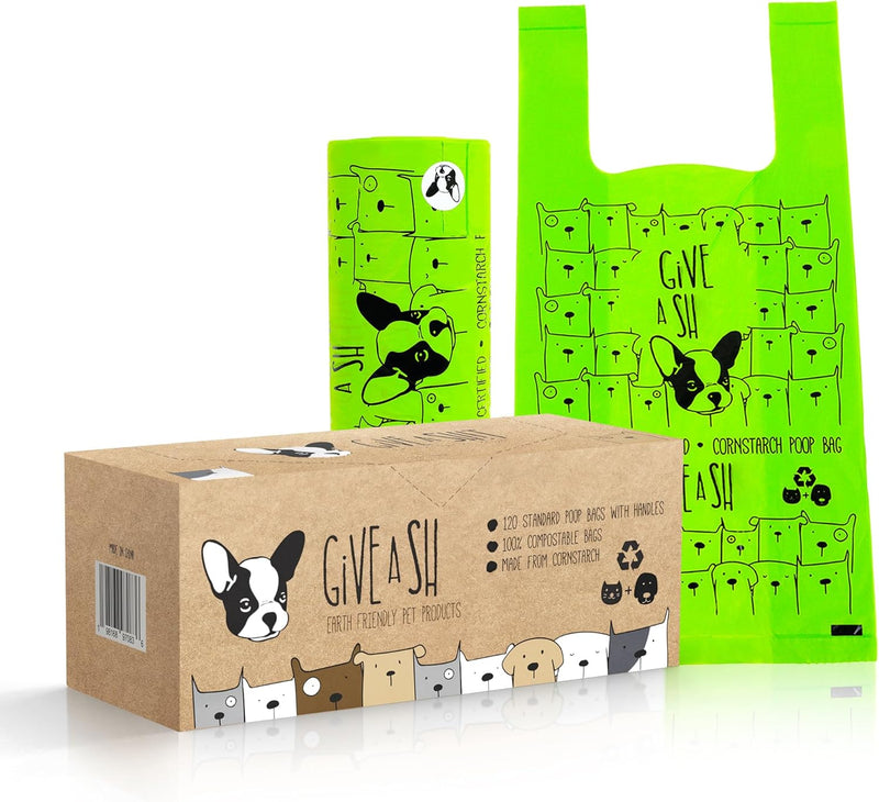 100% Certified Home Compostable Dog Poop Bags with Handles - 10% to Charity - ASTM D6400 & EN 13432 Compliant - 120 x Plant Based Compostable Poop Bags (10 Rolls)