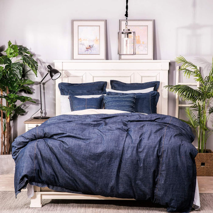ELEGANT LIFE HOME Denim Dark Blue Duvet Cover 100% Cotton Washed Soft Bedding with Button Closure Corner Ties (1pc, Queen Size 90'' x 96'')