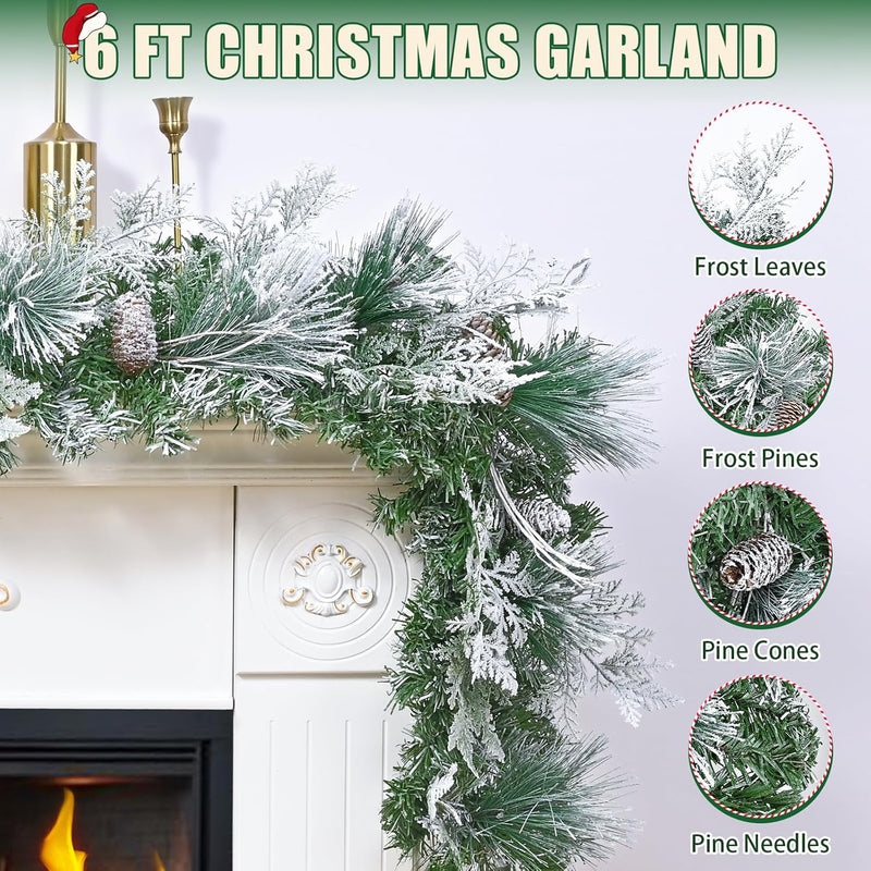 6 FT Christmas Garland with Lights, Artificial Flocked Pine Garland for Mantle, Lighted Garland Real Touch Norfolk Pine with Frost Leaves Pinecones for Indoor Outdoor Christmas Decorations