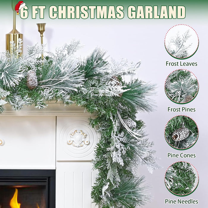 6 FT Christmas Garland with Lights, Artificial Flocked Pine Garland for Mantle, Lighted Garland Real Touch Norfolk Pine with Frost Leaves Pinecones for Indoor Outdoor Christmas Decorations