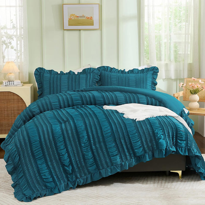 WONGS BEDDING White Queen Comforter Set,Boho Ruffle Comforter for Queen Bed,Soft Seersucker Shabby Chic Bedding Set with 1 Comforter,2 Tufted Pillowcases 90"×90"