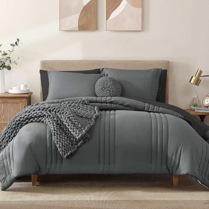 Monbix Queen Comforter Set - 7 Pieces Blue Gray Bed in a Bag Queen Bedding Sets with Comforters, All Seasons Comforter Bed Set with Sheets,Pillowcases & Shams