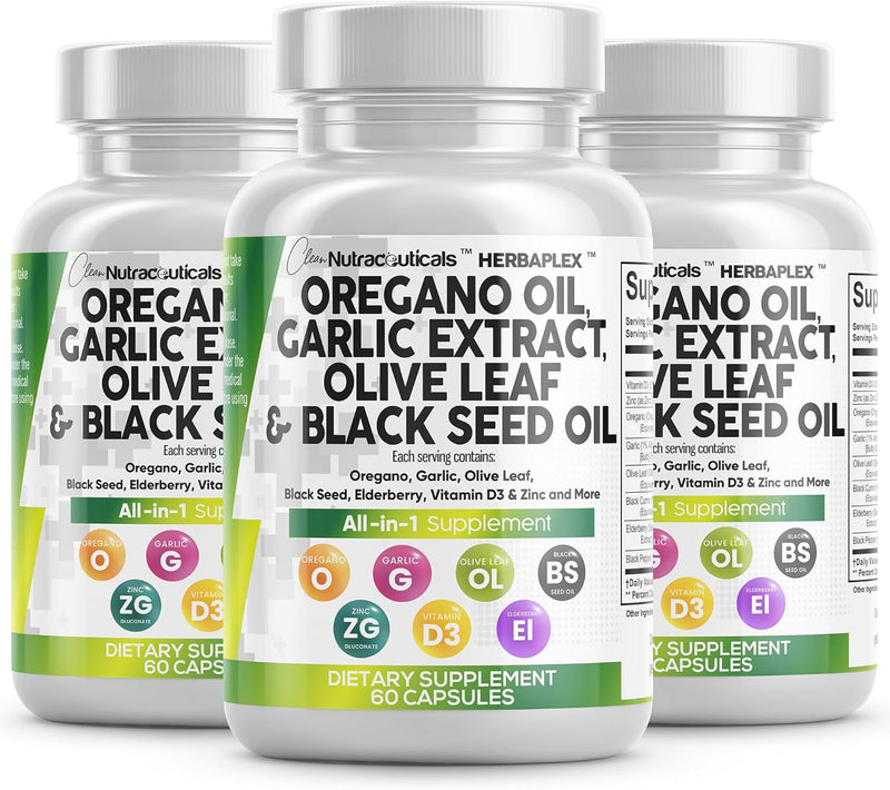 Clean Nutra Oregano Oil with Black Seed Oil Garlic Olive Leaf Extract - Oil of Oregano Capsules Immune Support Carvacrol & Thymoquinone Supplement for Women and Men + Elderberry Vitamin D3 & Zinc