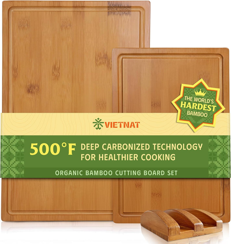 VietNam Bamboo Cutting Board Set – 3 Boards with Holder & Non-Slip Feet, Smooth Finish, No Oiling Needed, Handmade in Vietnam – Charcuterie & Prep Board for Kitchen (Set of 3 (S+M+L))