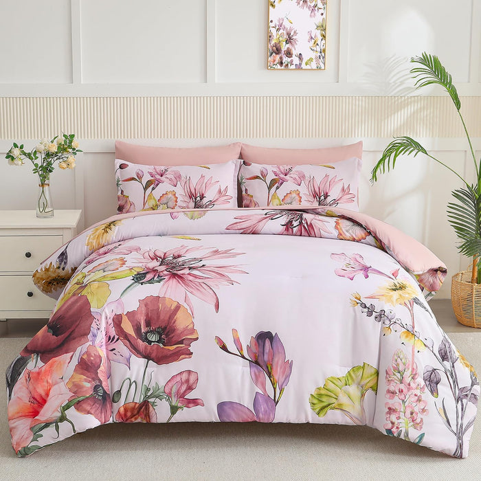 Yogeneg 7 Piece Bed in a Bag Full Size Comforter Set Botanical Floral Bedding Set,White Flower Leaves Printed on Black Reversible Design,Soft Microfiber Comforter with Sheet Set,All Season(Black,Full)