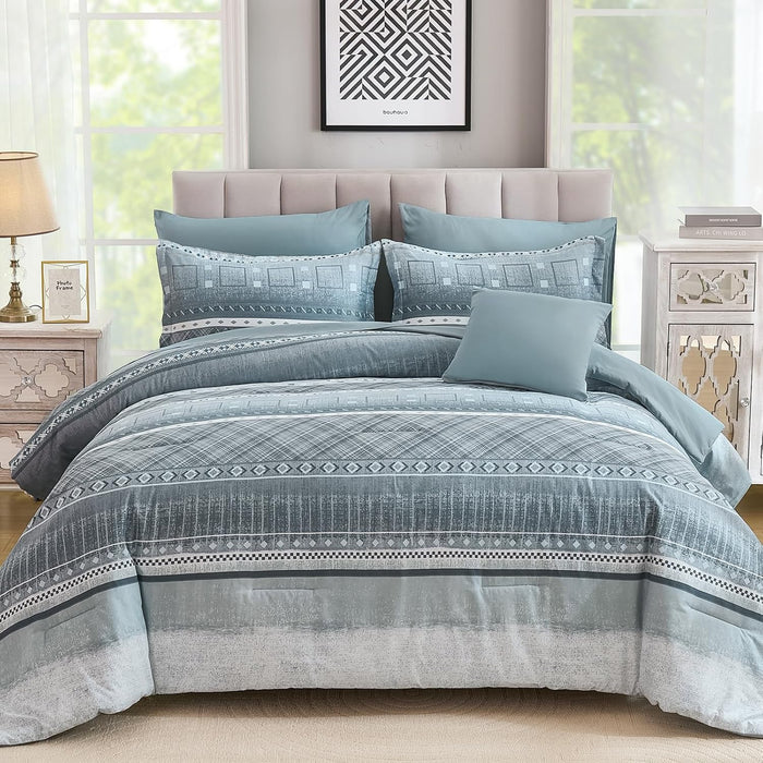 WONGS BEDDING 8 Piece Queen Size Comforter Set, Texture Striped Bed in a Bag Grey Comforter and Sheet Set, Boho Lightweight Microfiber Bedding Set for All Season (90"×90")