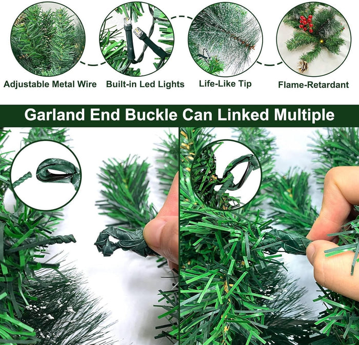 6 Ft by 10 Inch Pre-lit Artificial Christmas Garland with 30 Warm Lights Timer Battery Operated 150 Snowy Bristle Pine Branches 56 Red Berries 8 Pinecones Xmas Decor for Home Indoor Mantle Fireplace