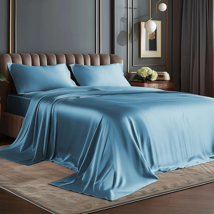 BEDELITE Satin Sheets Queen Size Bed Set, Luxury Soft Black Silky Sheets for Hair and Skin, Similar to Silk Bed Sheets Set 4 Pieces with 1 Deep Pocket Fitted Sheet, 1 Flat Sheet, and 2 Pillowcases