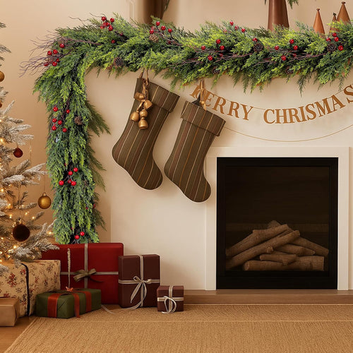 6FT Artificial Cedar Christmas Garland with Red Berries & Pine Cones – Full Faux Winter Greenery for Holiday Mantel, Staircase, Doorway, Indoor Outdoor Christmas Décor