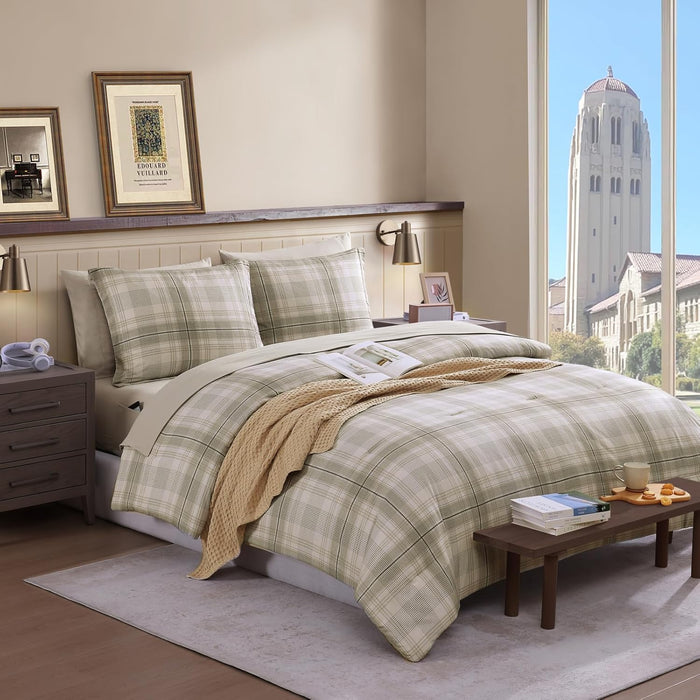 Full Size Comforter Sets, Khaki Green Plaid Bedding Set 7 Piece for Boys Girls Teen, Classic Homestead-Style Kids Comforter Set Bed in A Bag with Sheets, Pillowcases & Shams