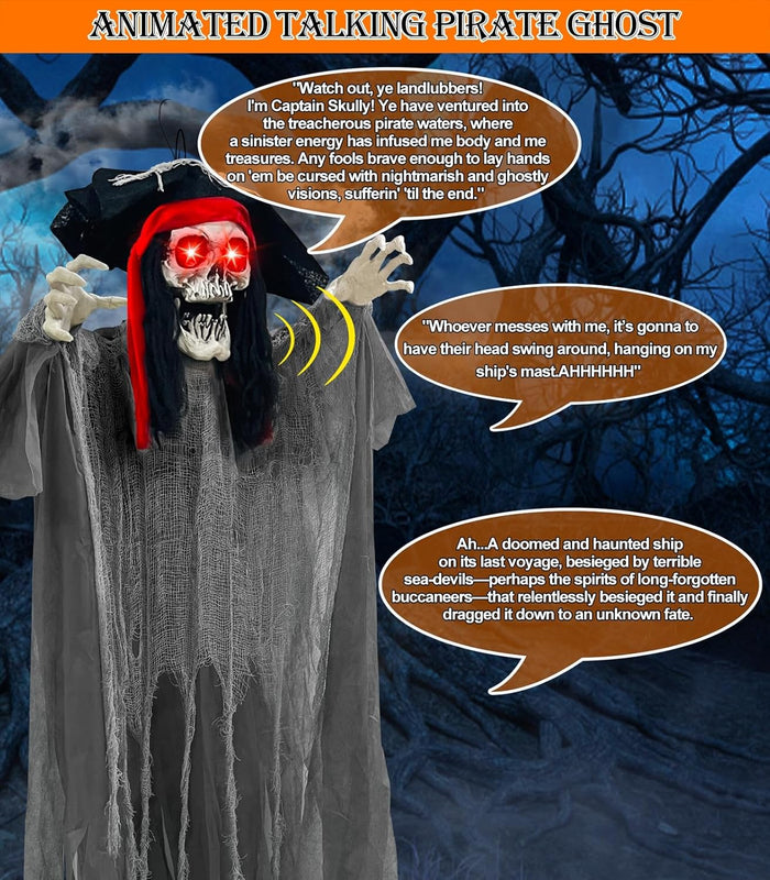 [ Sound Activated & Large ] 70 Inch Halloween Animatronic Hanging Talking Pirate Ghost Decoration Light up Eyes Shake Life Size Skull Skeleton Halloween Decor Outdoor Haunted House Prop Yard Party