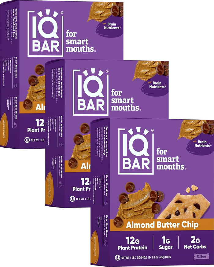 IQBAR Brain and Body Plant Protein Bars - Peanut Butter Chip - 24-Count - Keto, Vegan, Low Carb, High Fiber, Gluten Free, Dairy Free, Low Sugar Snack with Nutrients for Focus, Energy, Meal Replacement