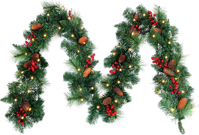 9ft Pre-Lit Artificial Christmas Garland,Christmas Tree Garland,Xma Tree Garland with Lights,Decorated with Pine Cones, Berry Clusters, Plug in, Christmas Collection,