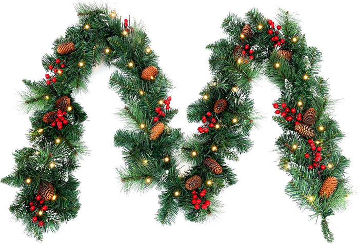 9ft Pre-Lit Artificial Christmas Garland,Christmas Tree Garland,Xma Tree Garland with Lights,Decorated with Pine Cones, Berry Clusters, Plug in, Christmas Collection,