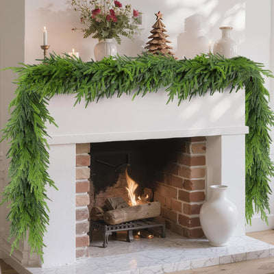 9FT Christmas Norfolk Pine Garland, Realistic Artificial Pine Garland, Real Touch Faux Greenery Christmas Garland for Table, Mantle, Winter Holiday Christmas Decorations Indoor Outdoor